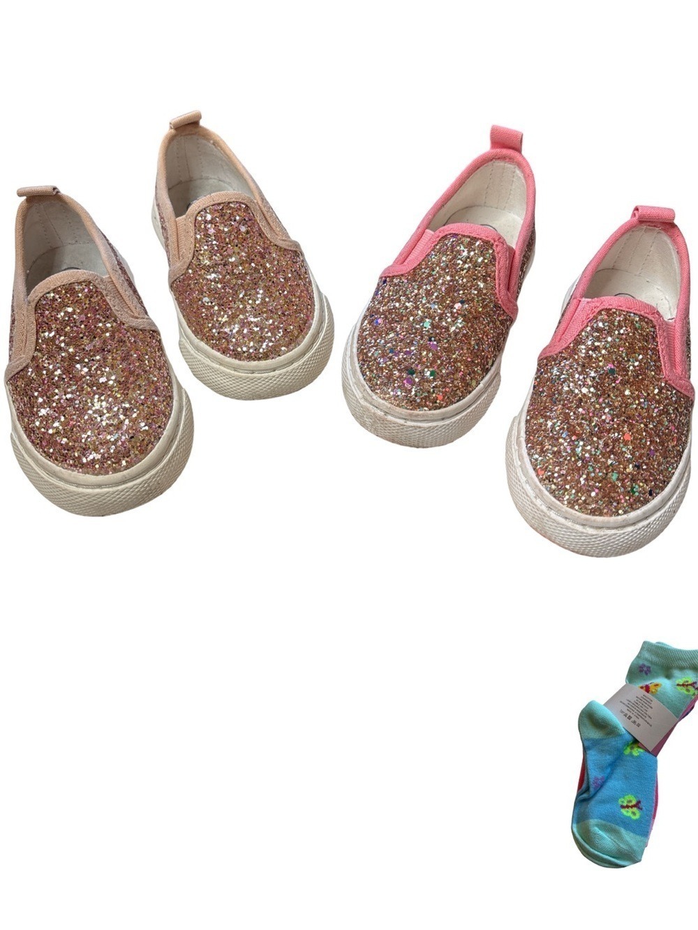 Cat & Jack Glitter Slip-On Sneakers - 2 Pack Size 6 + socks